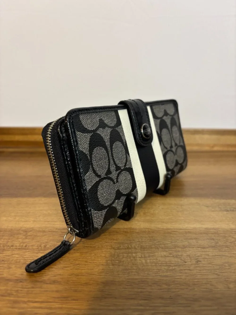 Coach Black Signature White Black Stripe Zip Around Accordion Wallet